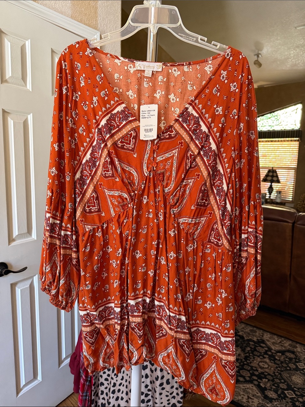 Suzanne Betro Rust Orange Floral Peasant Blouse